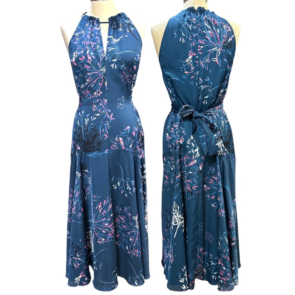 Rachel Roy 8 Floral Halter Midi Dress Teal Pink Sleeveless Wedding Guest